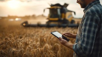 Farmer uses tablet computer in wheat field during harvest